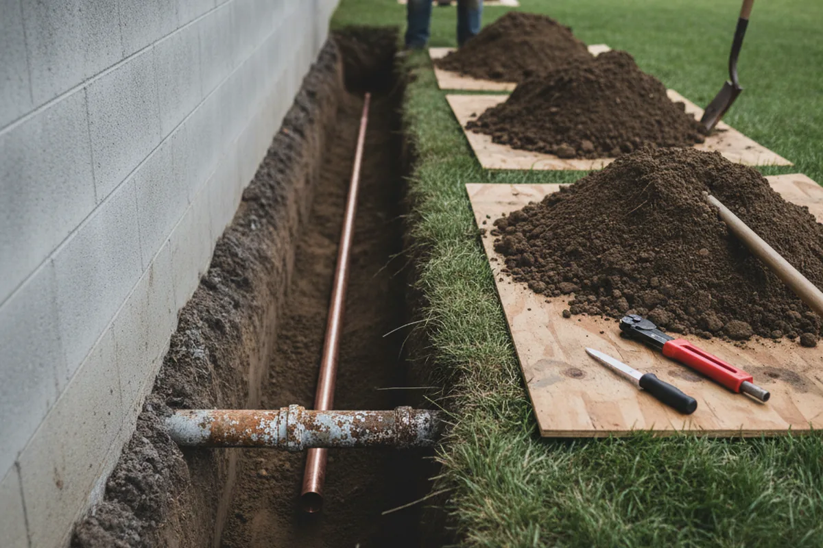 Excavated water line trench during Sewer Line Repair in Schuylerville